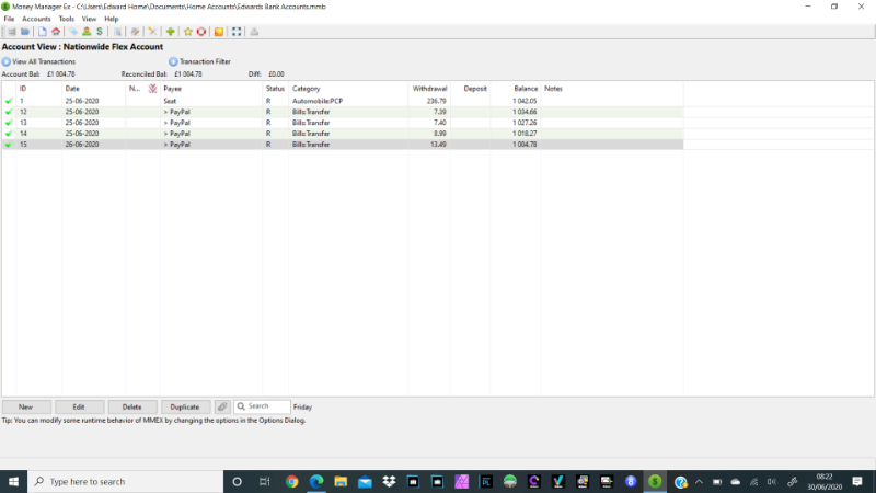 screen shot of account